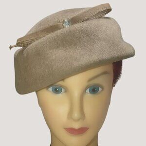 Hat Glenover 100% Wool Beige Brown Vintage Ladies Ribbon Bow Gem Clear Accent
